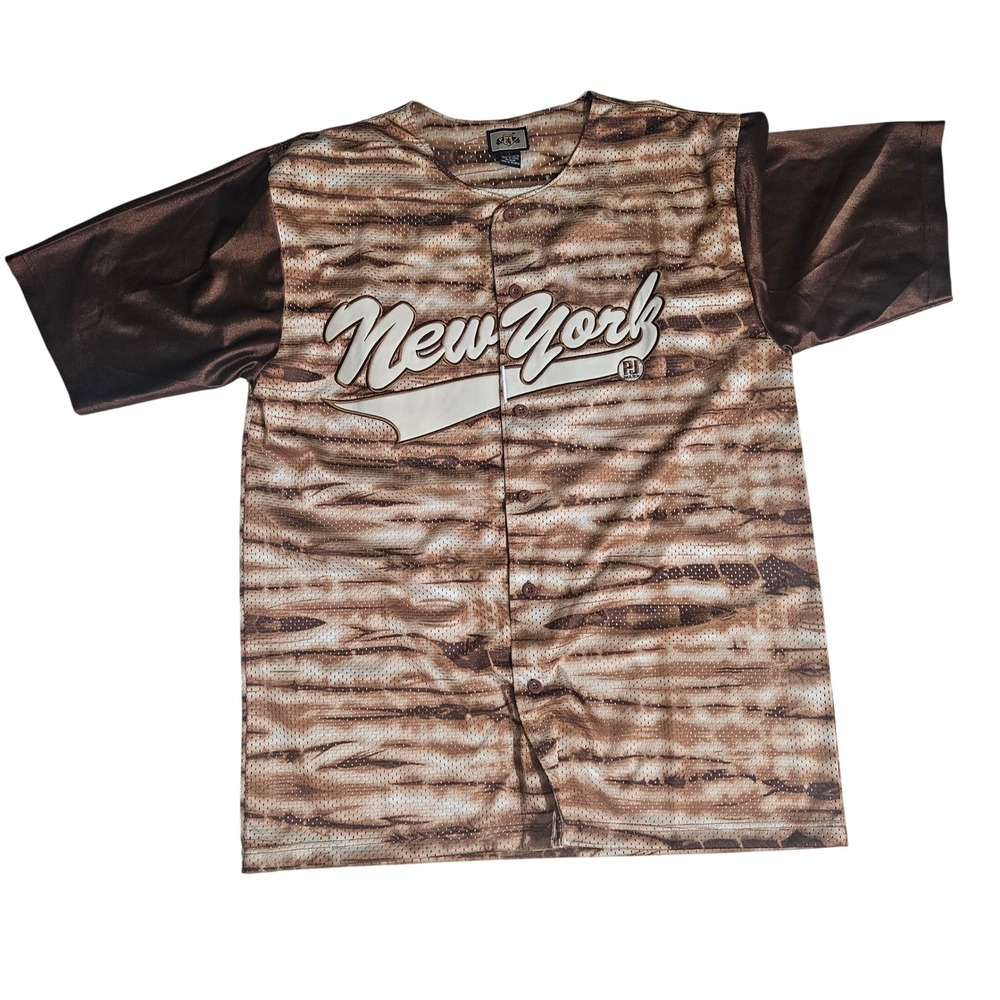 Vintage P Mark New York Baseball Jersey Mens Large Brown Mesh Tie Dye Button Up